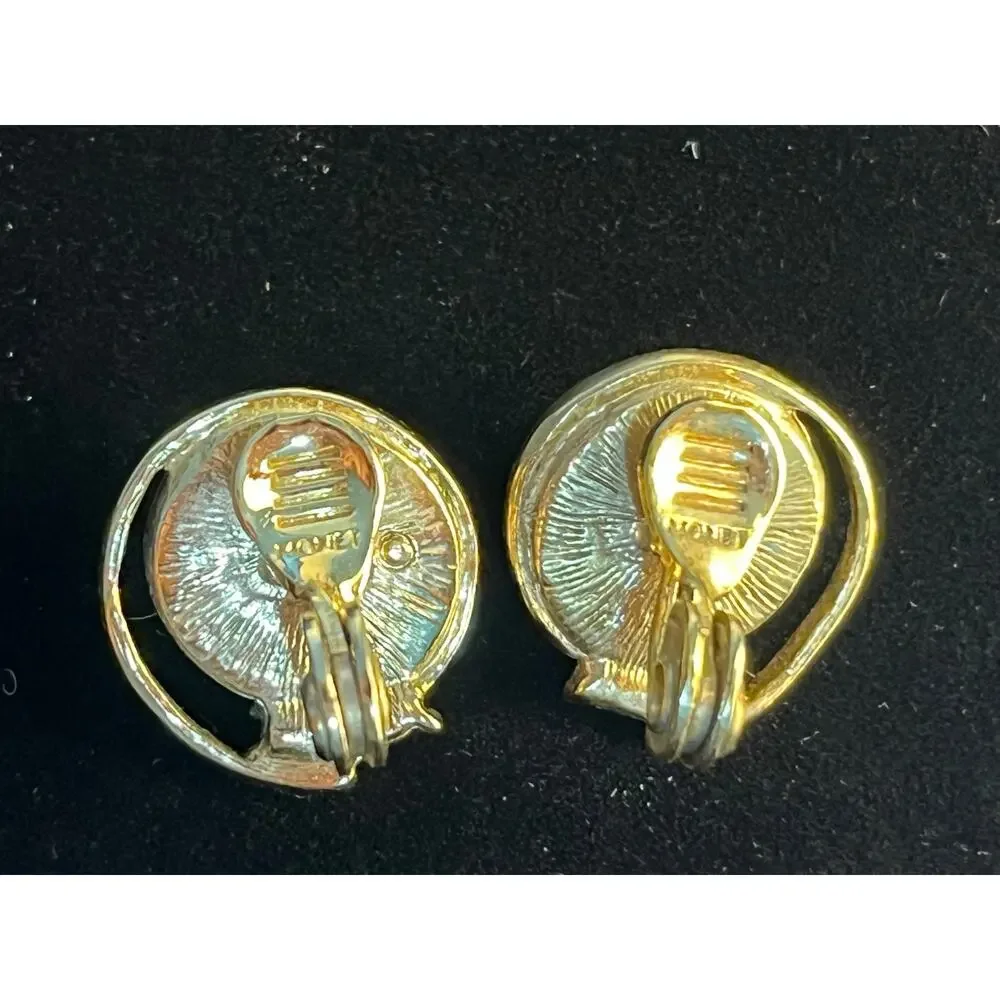 VTG Monet Earrings Clip On Gold Tone Faux Pearl Rhinestones Coquette Prom Formal